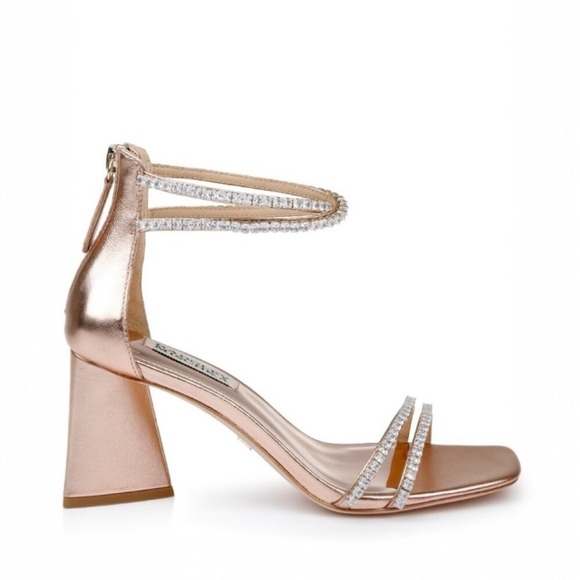 NIB BADGLEY MISCHKA Lillie Crystal Dual-Strapped Block Heels in Champagne, 7.5 - Picture 2 of 11